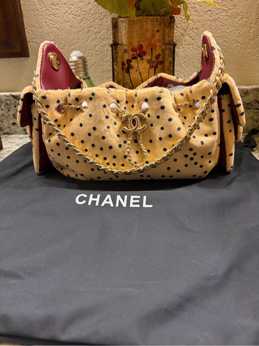 Polka Dot Mini Beige Shoulder Bag with Gold Chain